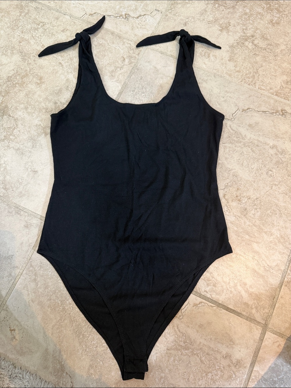 Socialite Black Ribbed Tie-Shoulder Bodysuit